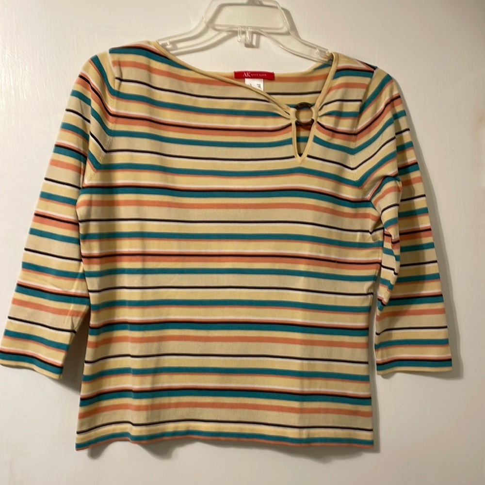 Vintage Anne Klein Striped Silk Blend Sweater with Unique Neck Detail